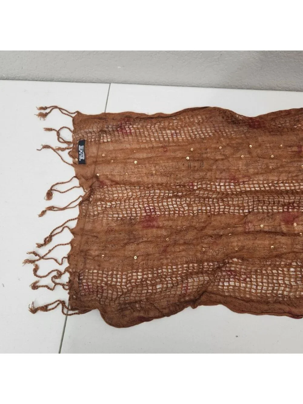 Lightweight Brown Paisley Sequin Scarf With Fringe Detail - Made In India - 100%